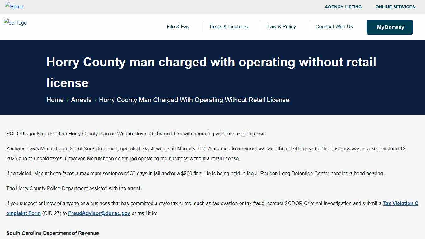 Horry County man charged with operating without retail license South Carolina Department of Revenue